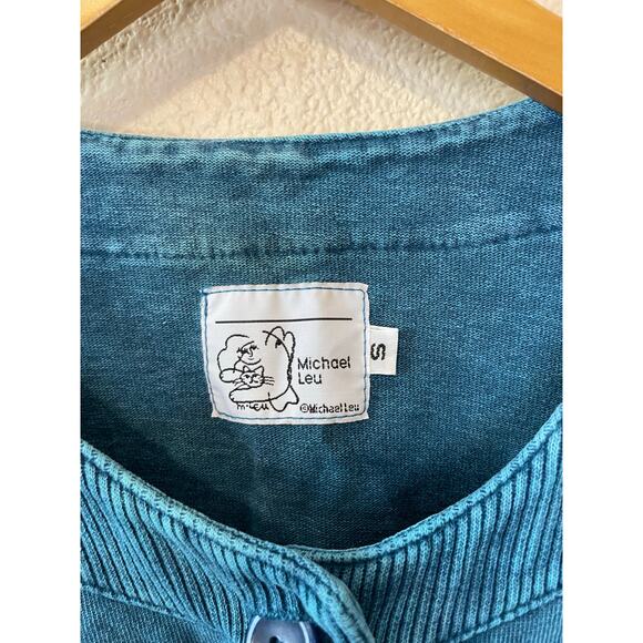 Michael Leu Washed Blue Button Front Cotton Cardigan W/ Painted Style Graphic Sm - Picture 3 of 11